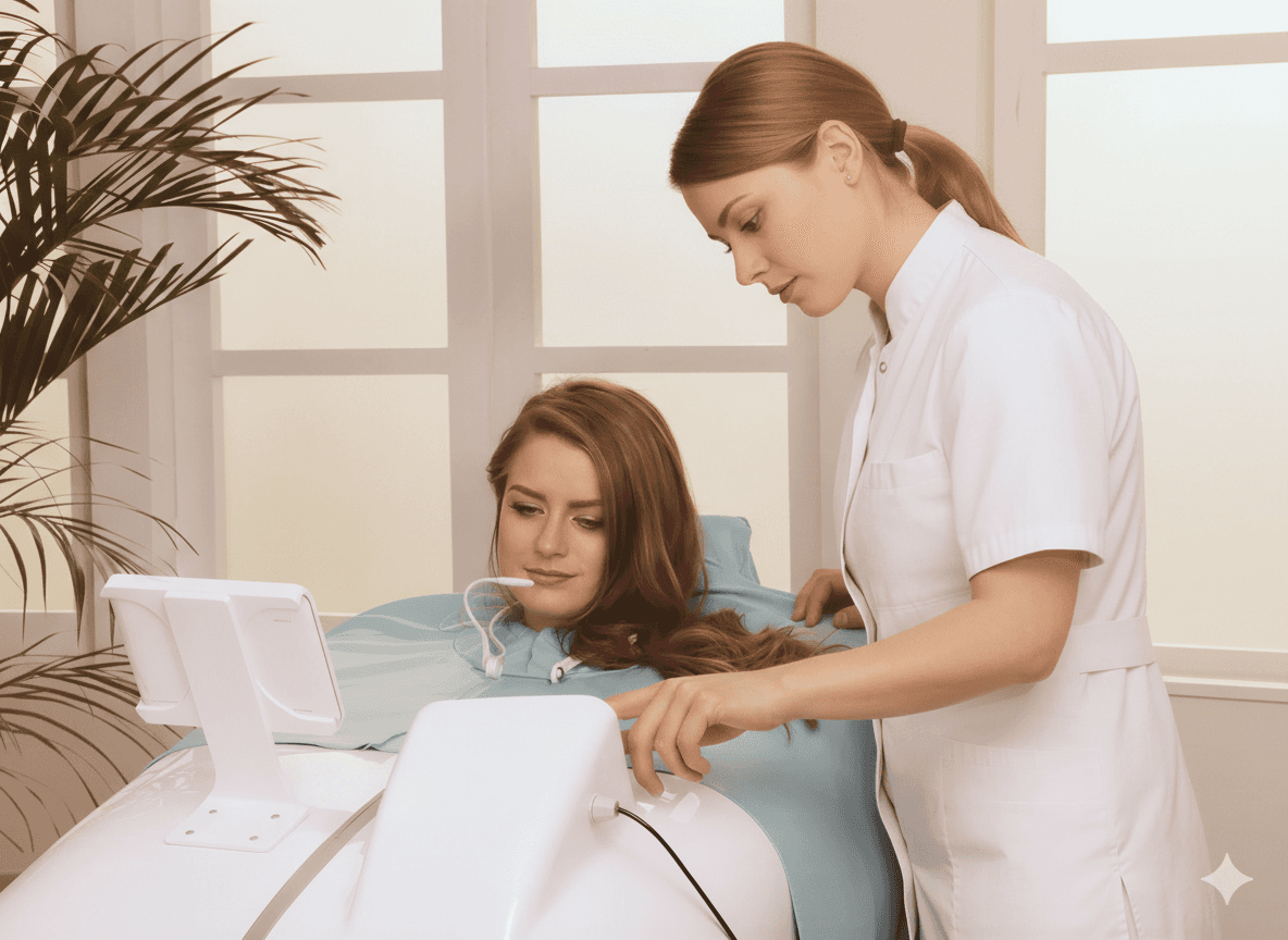 Spa specialist assisting a client during a full-body wellness session
